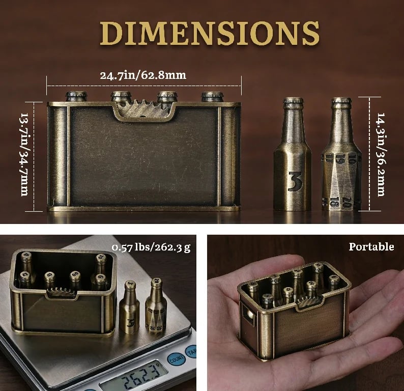 Dimensions of the unique metal beer bottle dice set