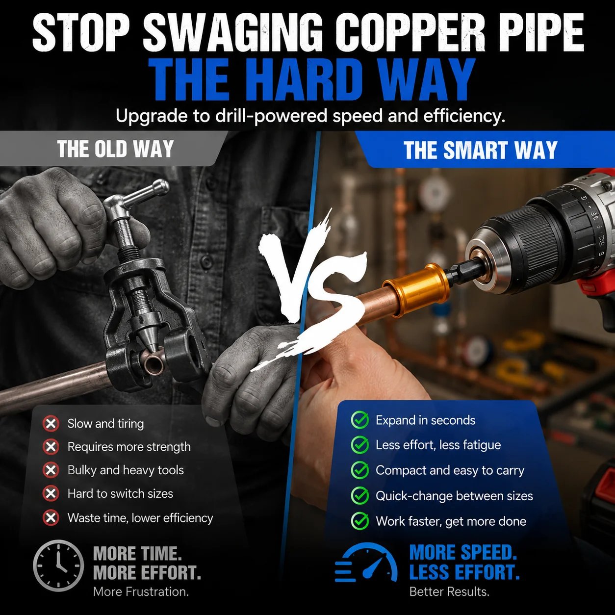 Fast drill powered copper pipe swaging tool