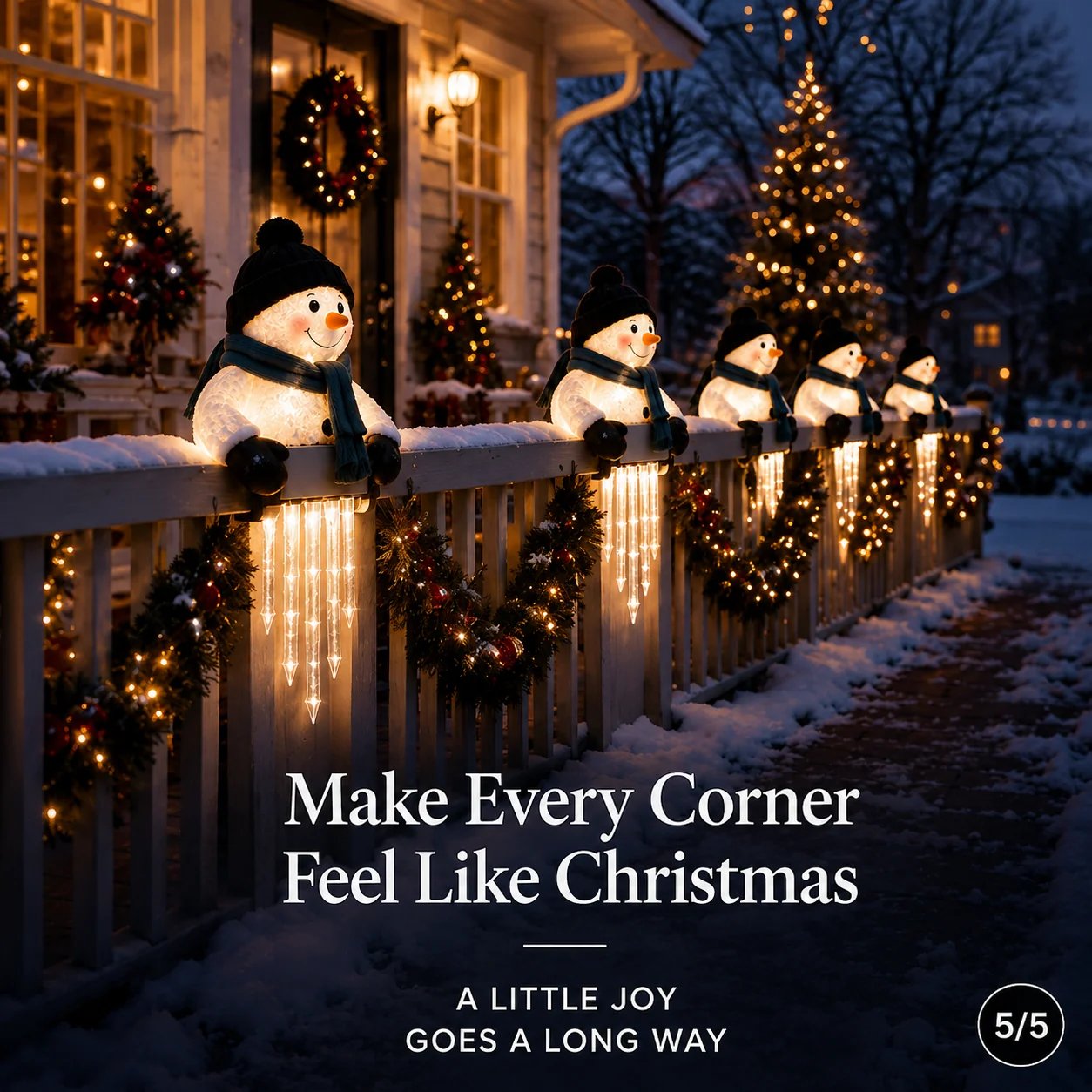 Several glowing snowman lights on Christmas porch