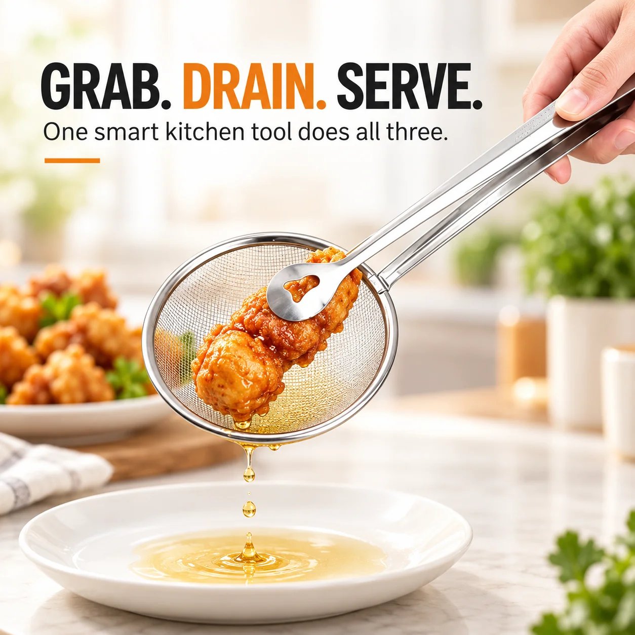 2-in-1 stainless steel strainer tongs for grabbing draining and serving