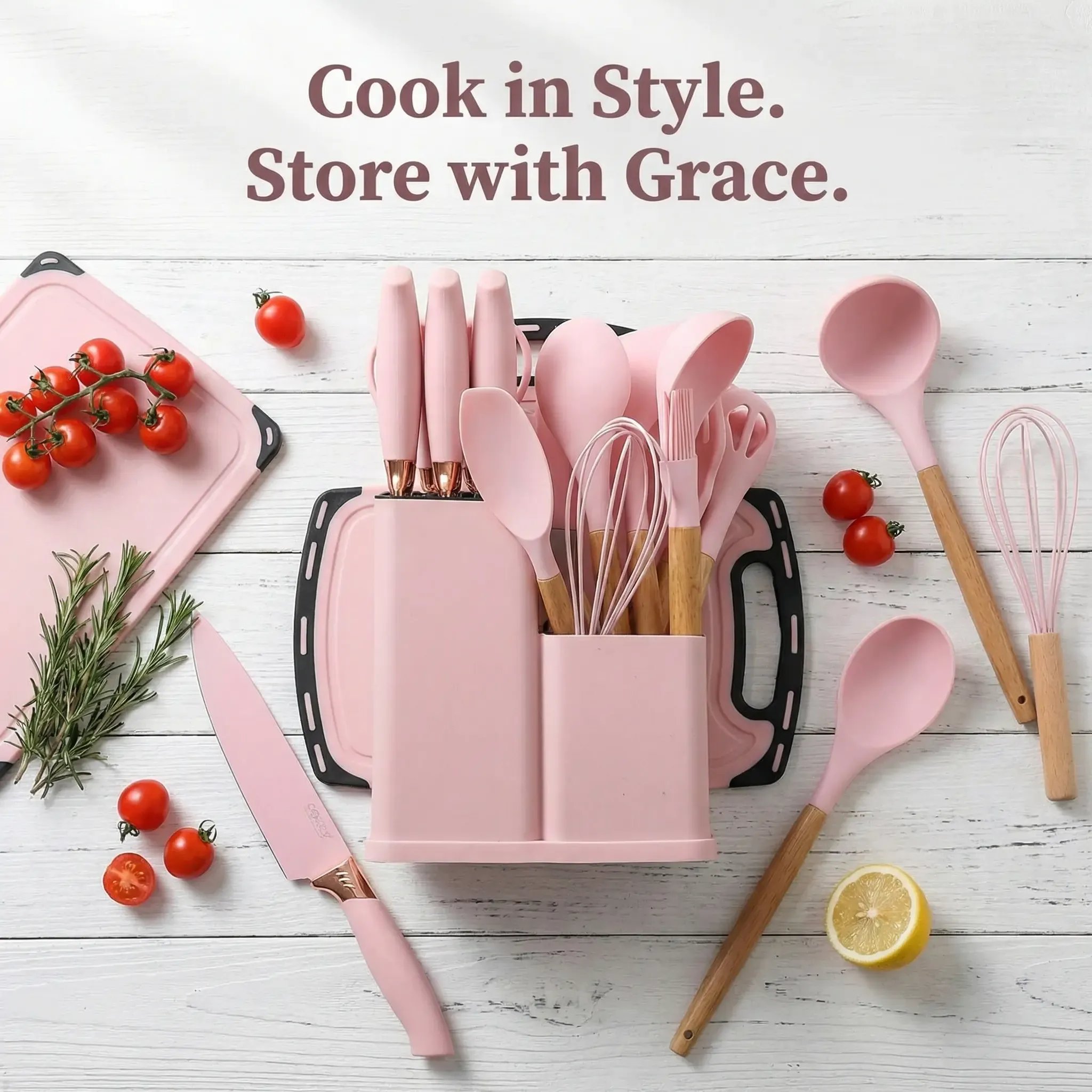 Pink kitchen utensils knife block cutting board and tools