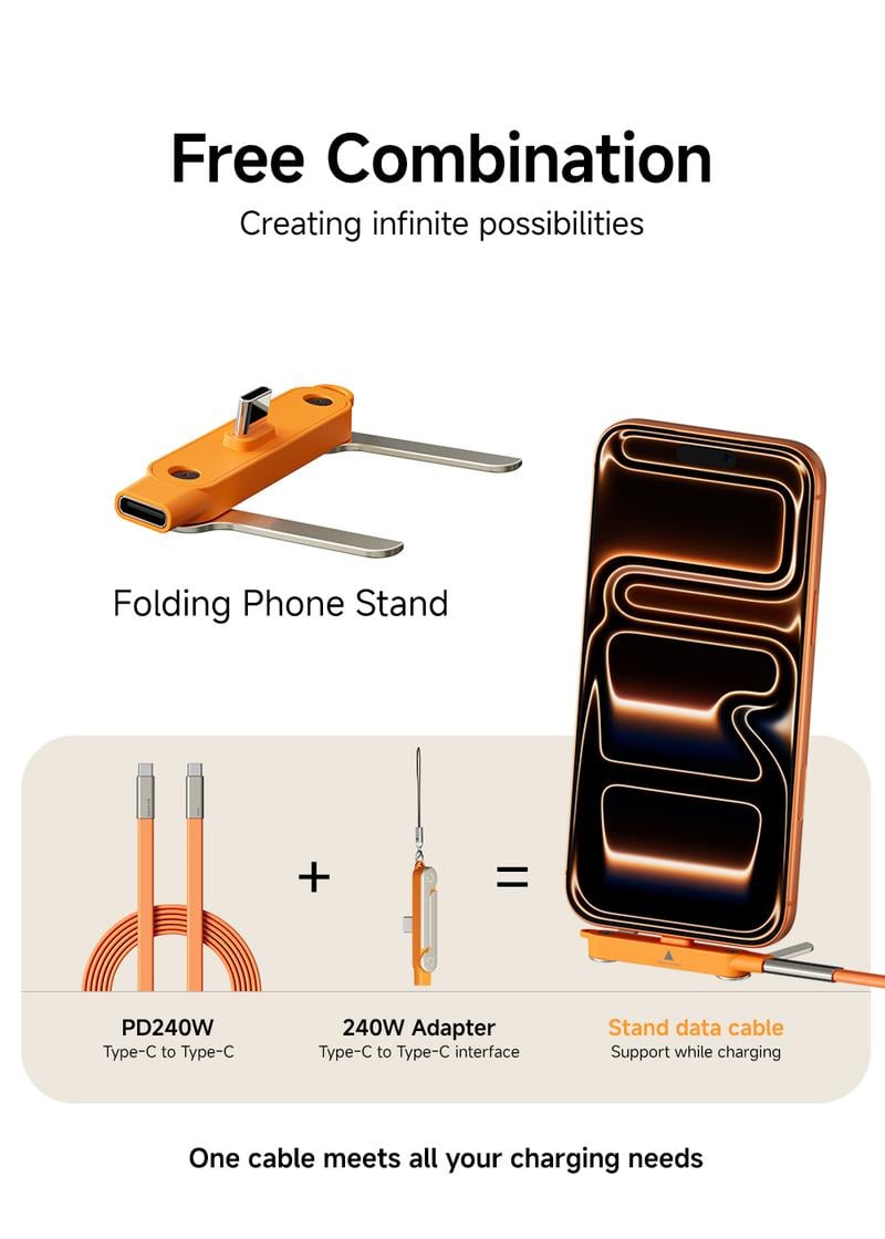 Basemo 240W Super Fast Charging  360° Rotating Invisible Stand Detachable Two-in-One Charging Cable, Zinc Alloy Silicone Type-C Cable compatible with Apple and Samsung, essential for gaming, office, and car use | Bestselling cutting-edge technology.