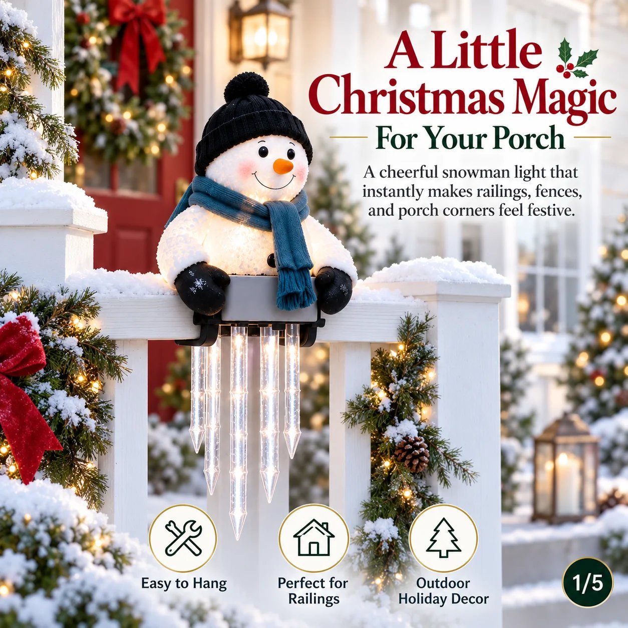 WinterGlow Snowman Icicle Light Decor on porch railing