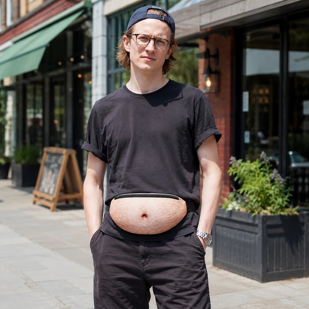 Beer belly waist bag shown in another casual everyday scene