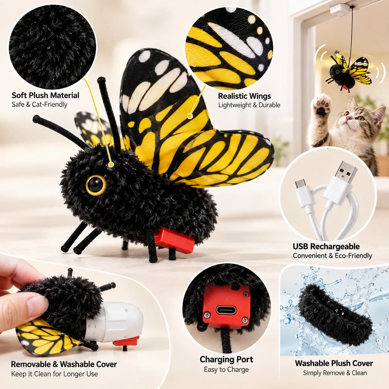 Interactive butterfly cat toy with USB charging and soft plush details