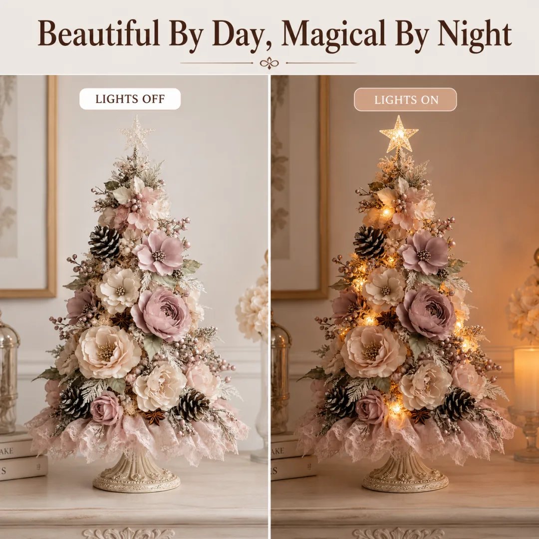 Full 360 degree panoramic view of blush floral tree centerpiece