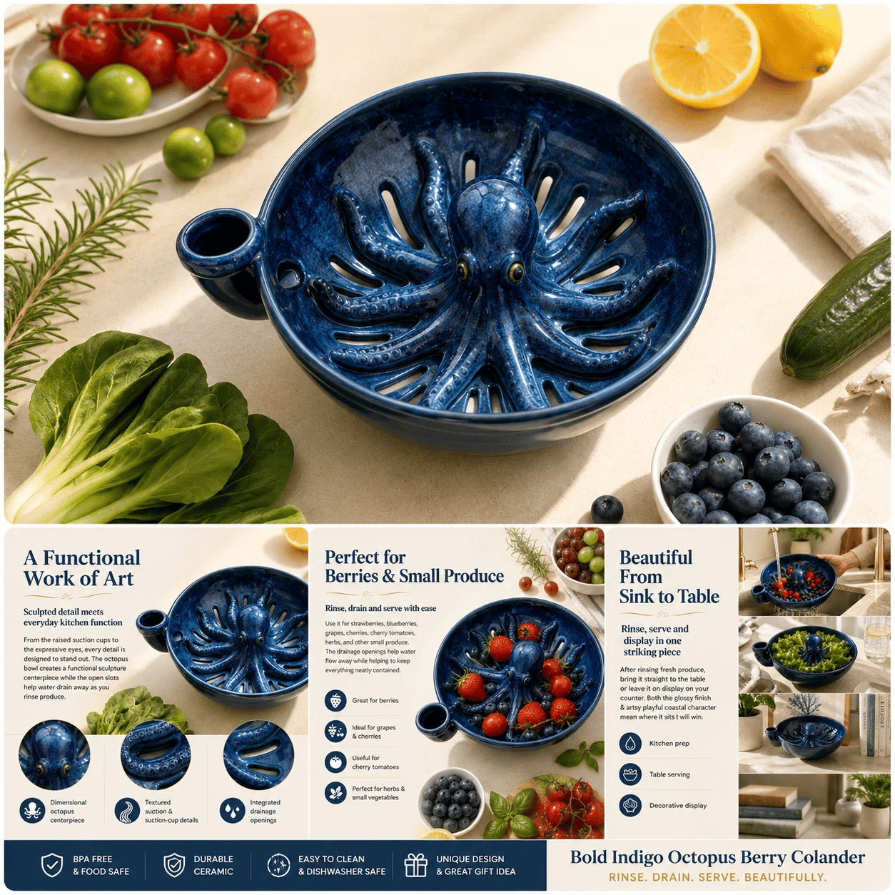 Indigo Octopus Berry Colander