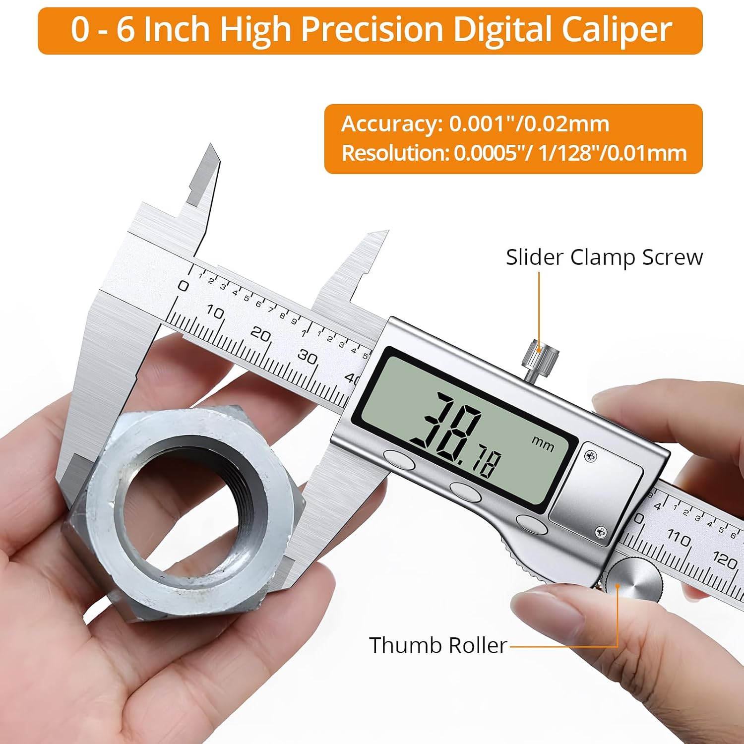 high precision digital caliper measuring a metal nut