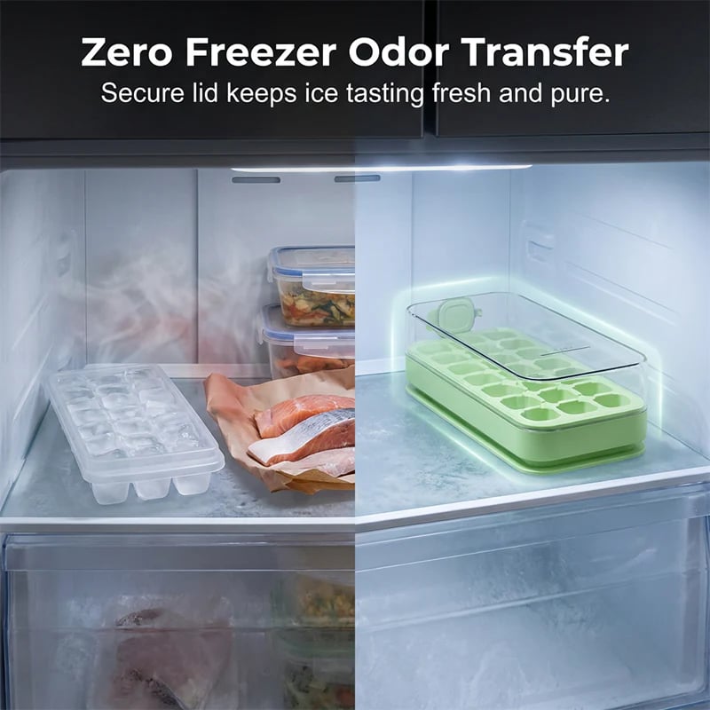 Covered ice cube tray helps reduce freezer odor exposure