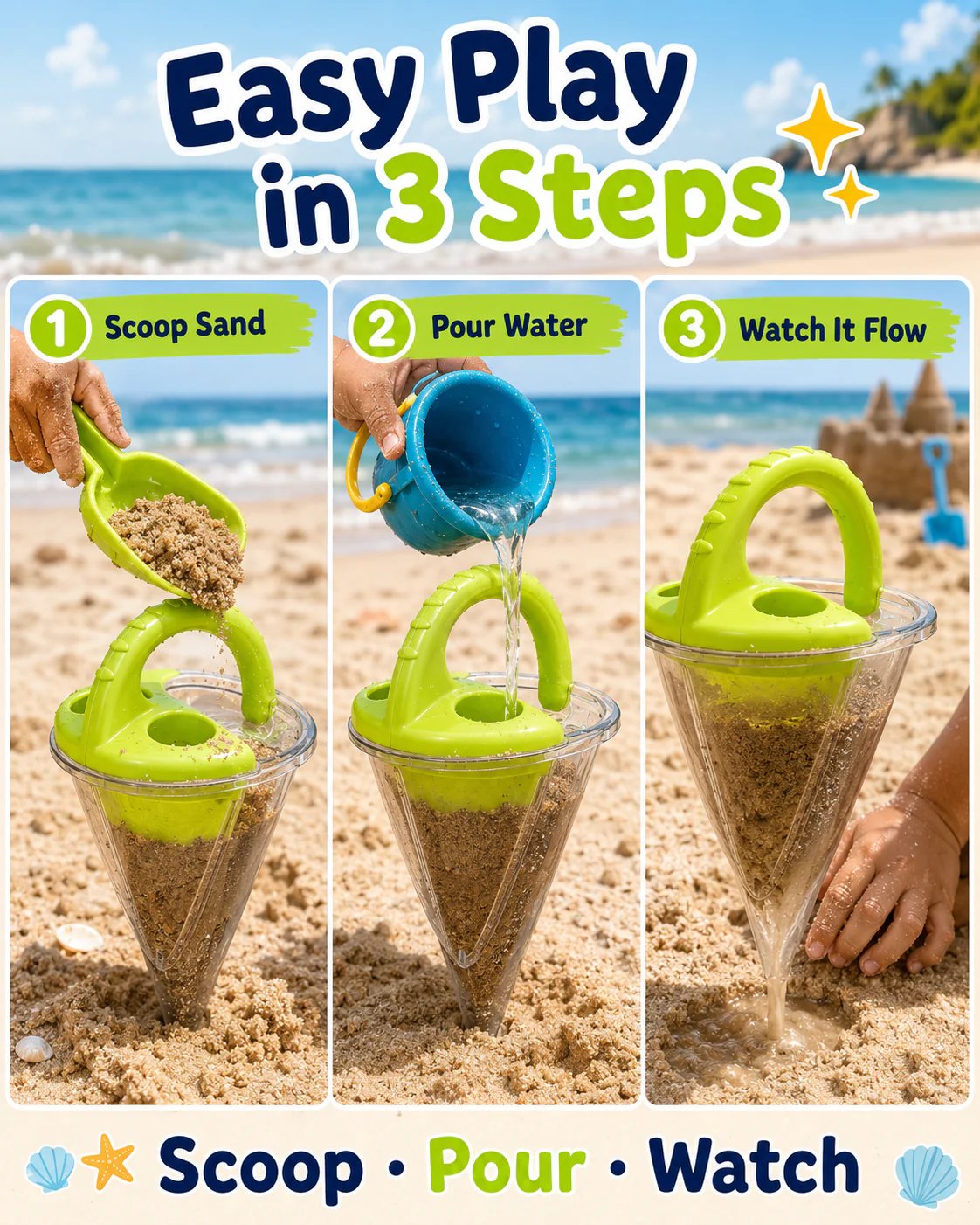 Easy play in 3 steps scoop sand pour water watch it flow