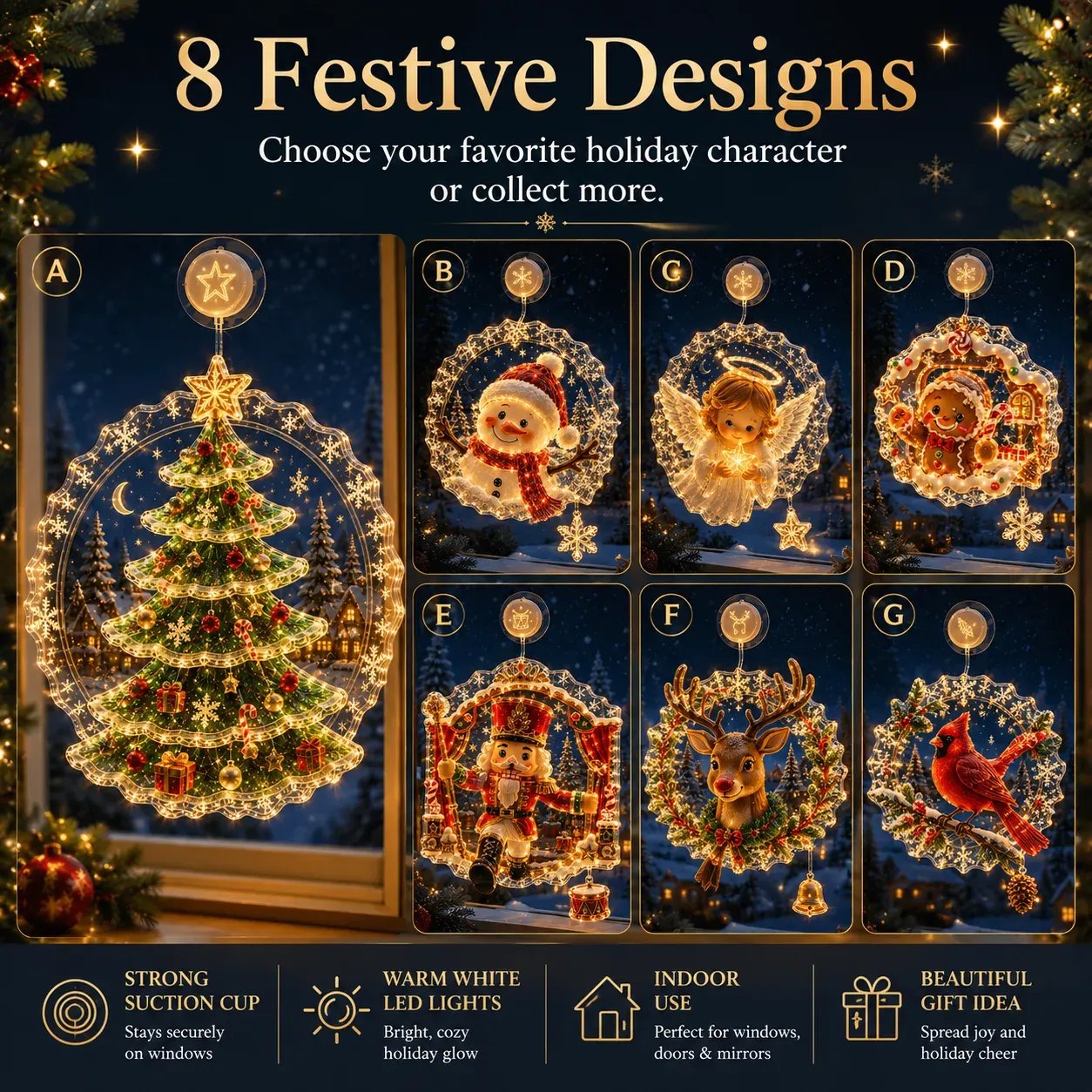 Eight festive suction cup window light designs