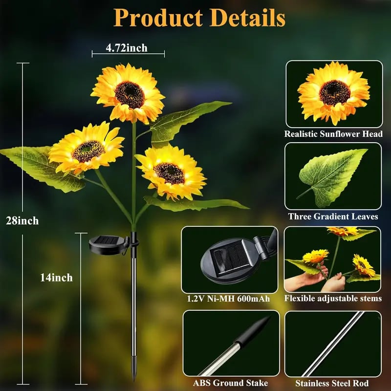 FathersDayGift 2/4pcs Solar LED Sunflower Garden Lights, Realistic Night Glow for Yard, Lawn, Patio and Porch Decoration, Waterproof IP65, Energy Efficient Outdoor Lighting, Garden Lighting | Decorative Solar Lights | Durable Plastic Flowers,  Outdoorfun 3