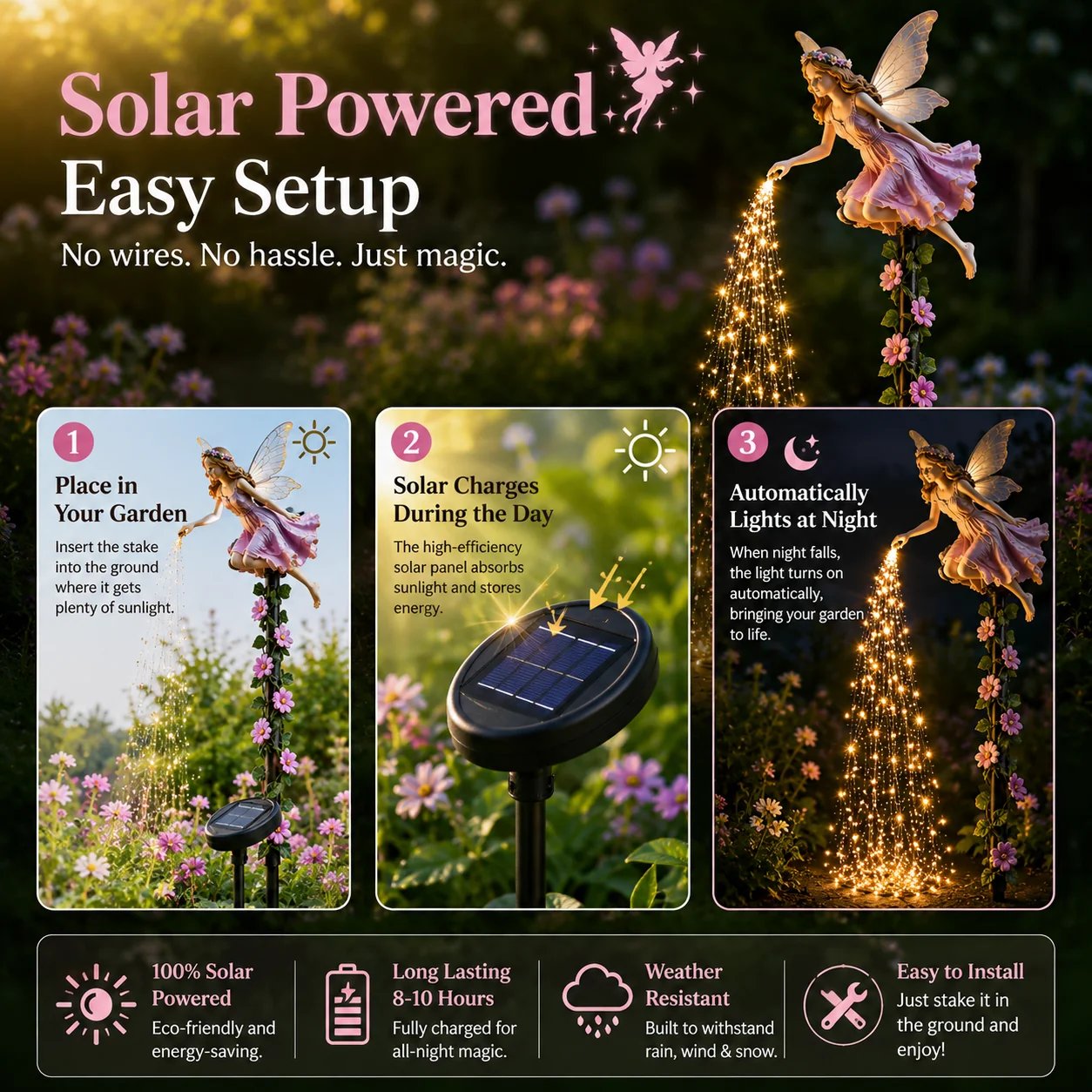 Three steps for installing solar fairy garden light