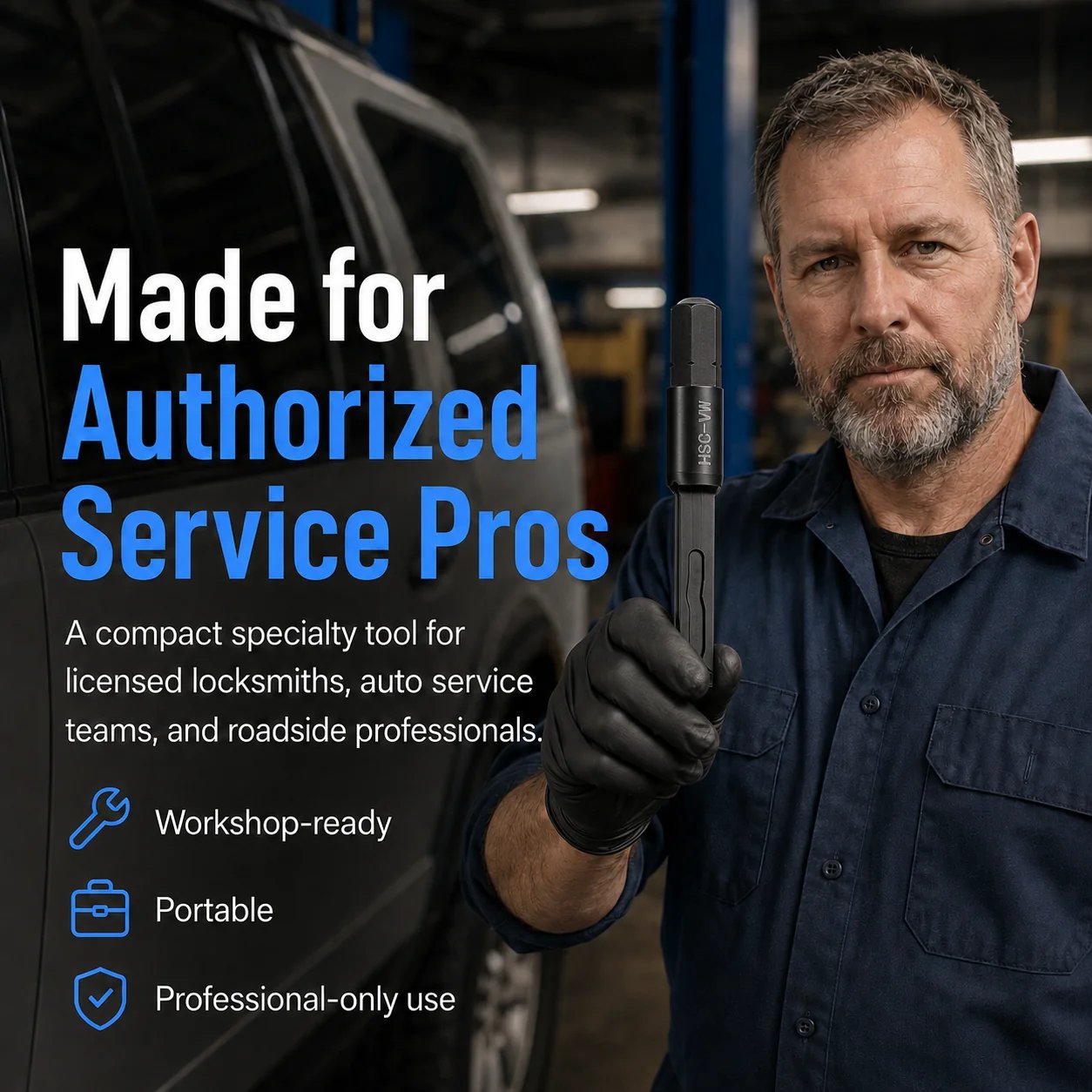 Authorized service professional holding vehicle service tool