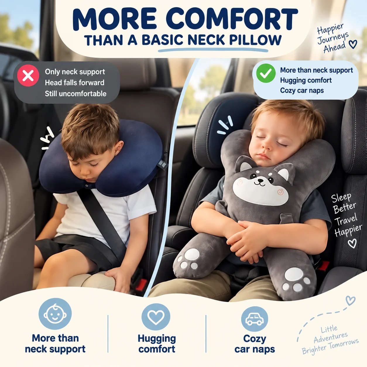 Basic neck pillow compared with full-body kids travel pillow