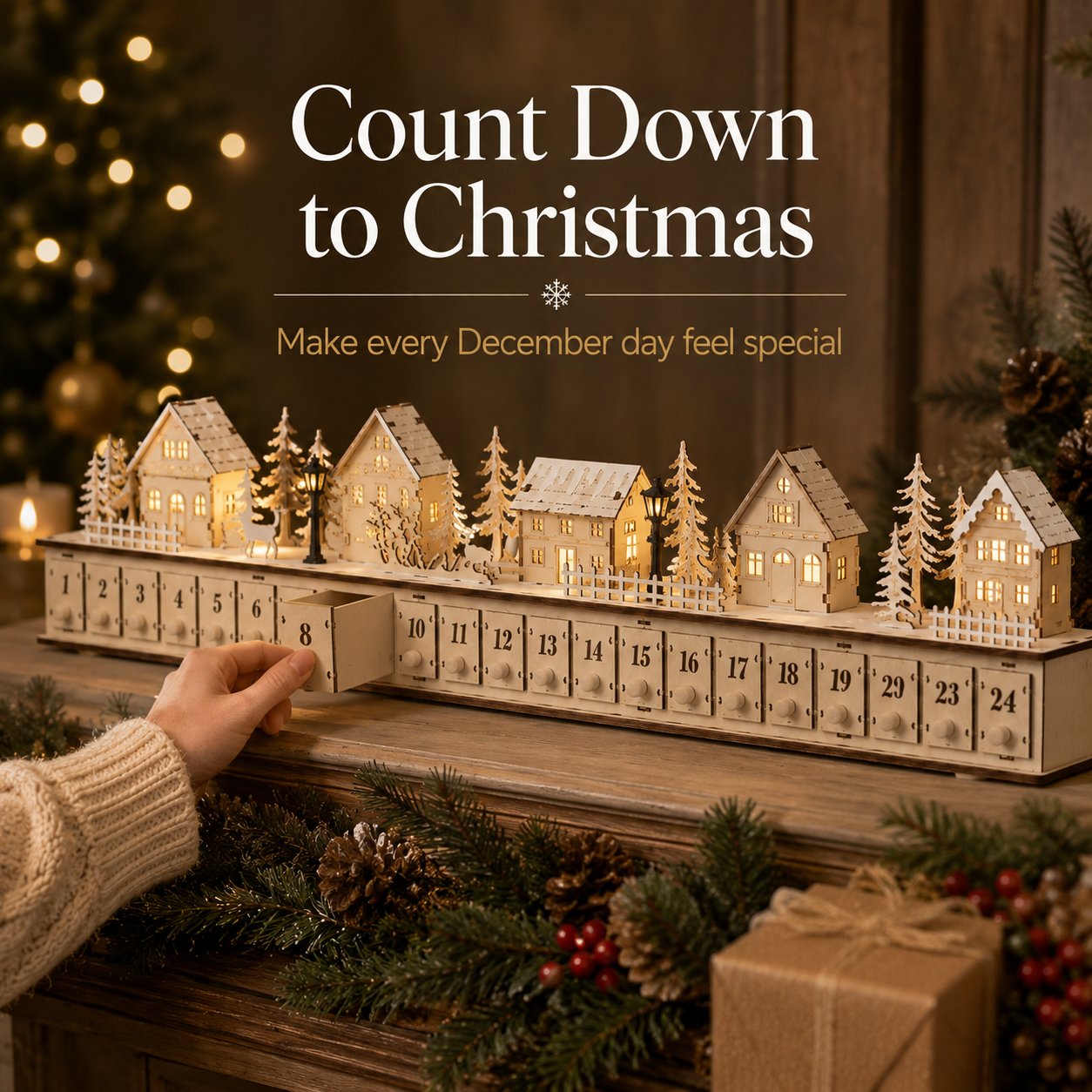 Lighted Christmas Village Advent Calendar Countdown Decor for Holiday Mantel, Shelf & Tabletop Display