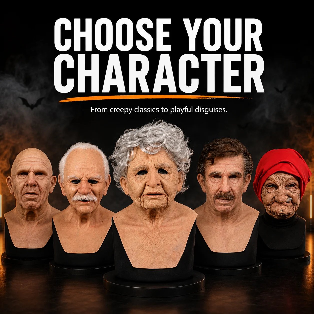 Realistic elderly man character mask worn outdoors