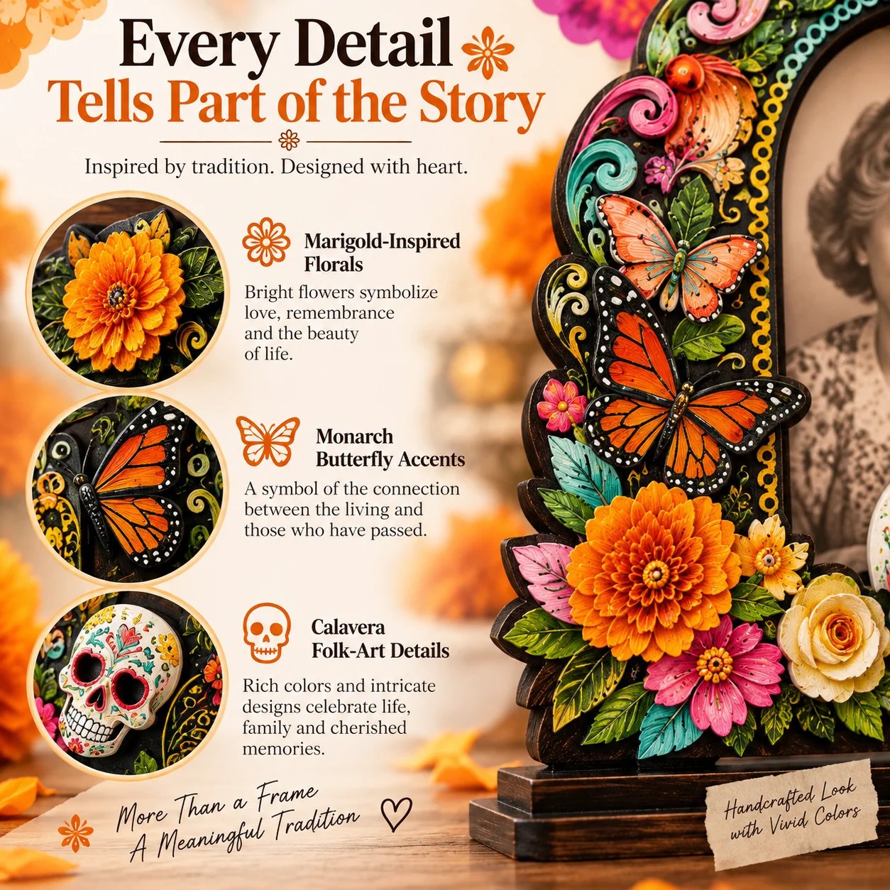 Marigold butterfly and calavera frame details