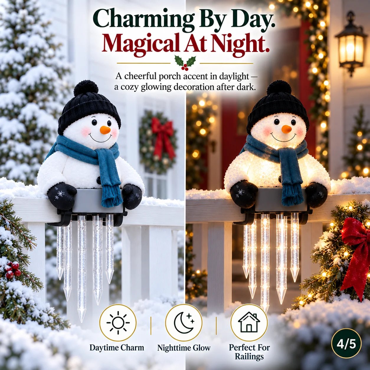 Snowman Christmas decoration by day and night