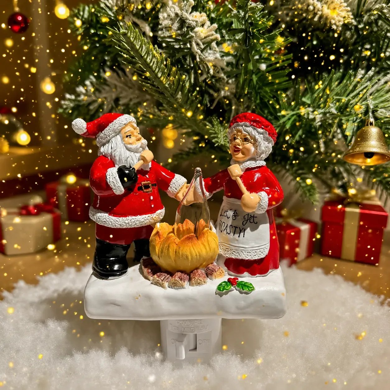 Santa resin night light styled with Christmas ornaments and decor