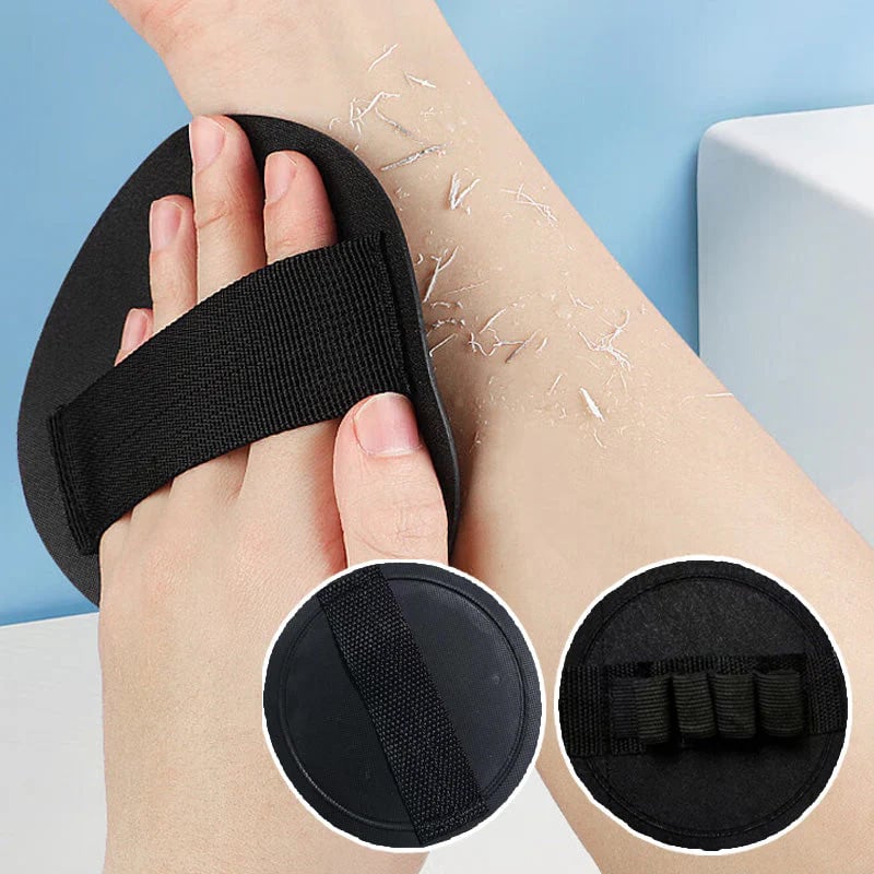 Exfoliating scrub bath pad removing visible dry skin buildup