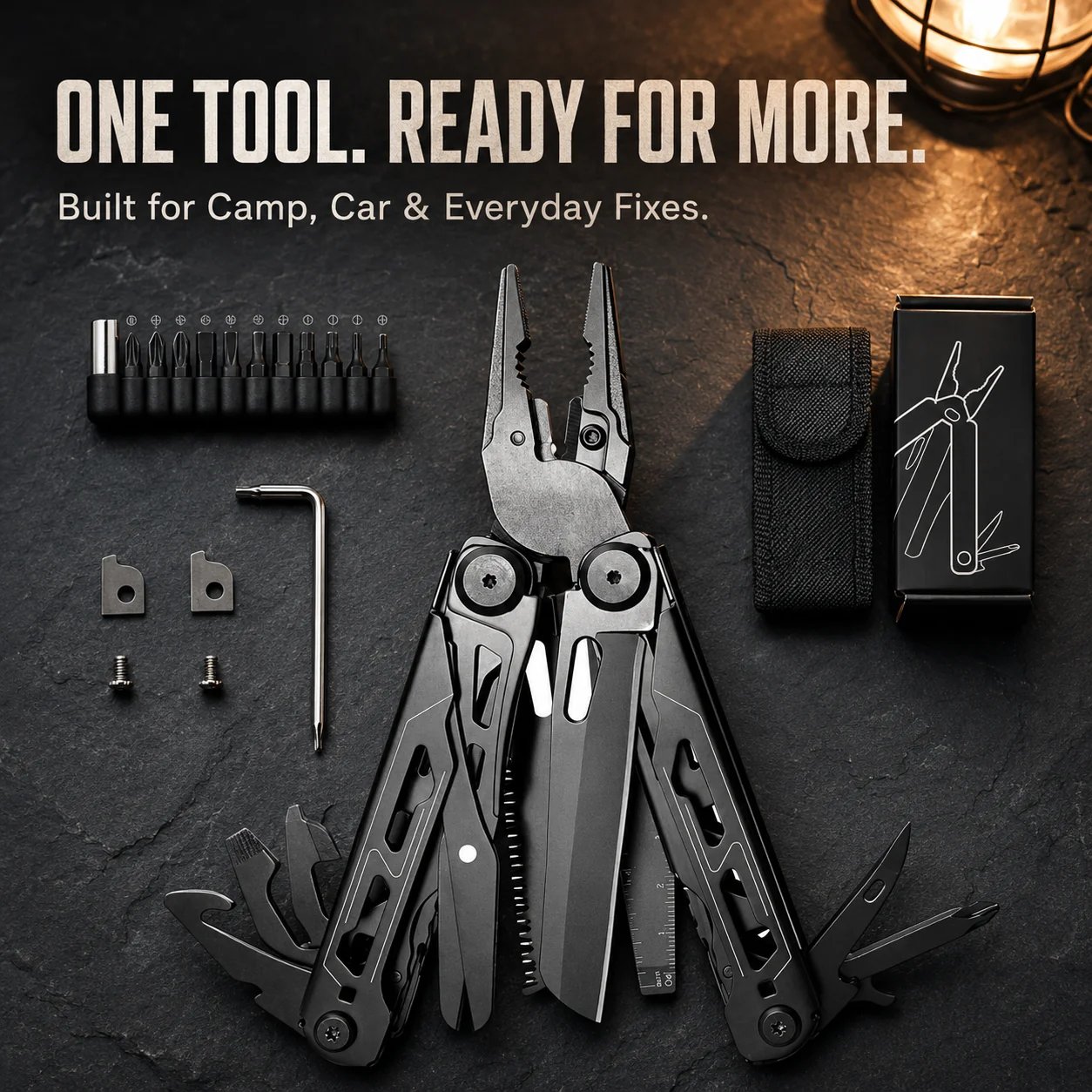 16-in-1 camping multitool with full-size scissors and accessories