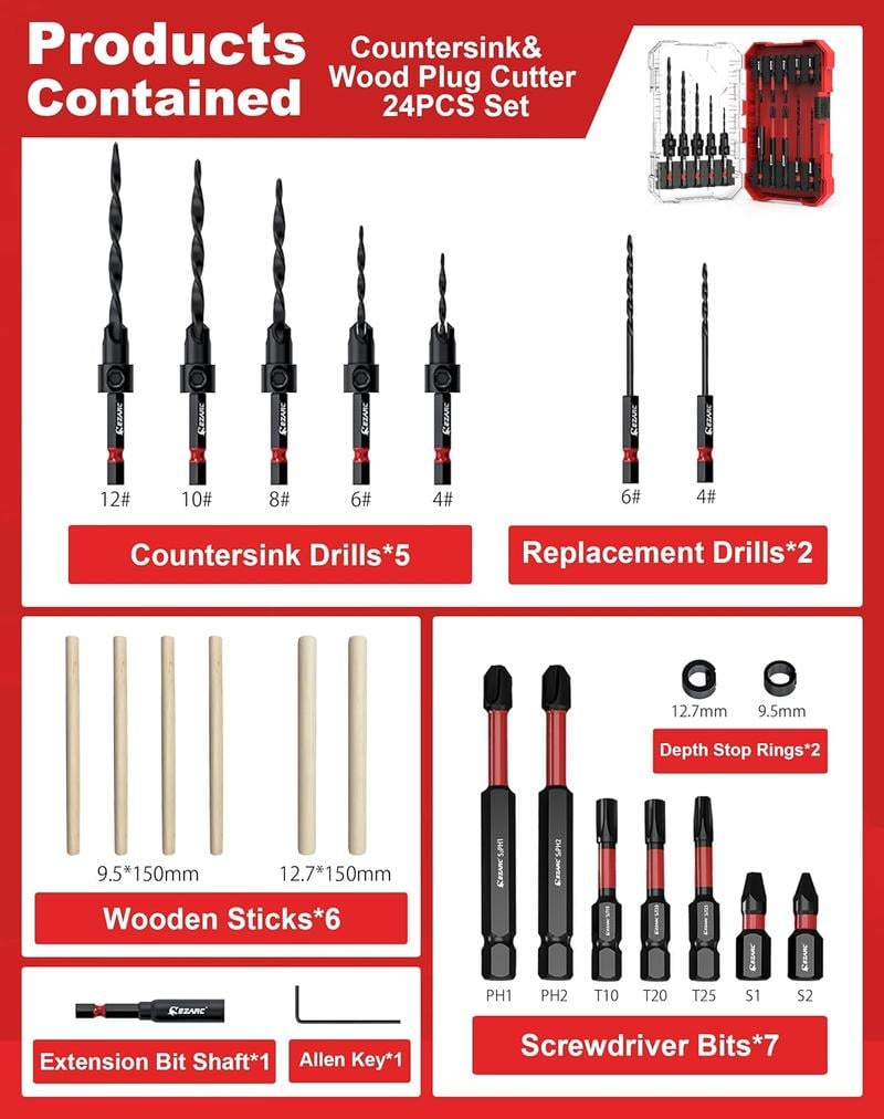 Product Introduction of EZARC Wood Countersink Drill Bit Set With 1/4" Hex Shank for Woodworking/ 15count Set (With wood plug cutter) / 24count Set (With wood sticks) 5