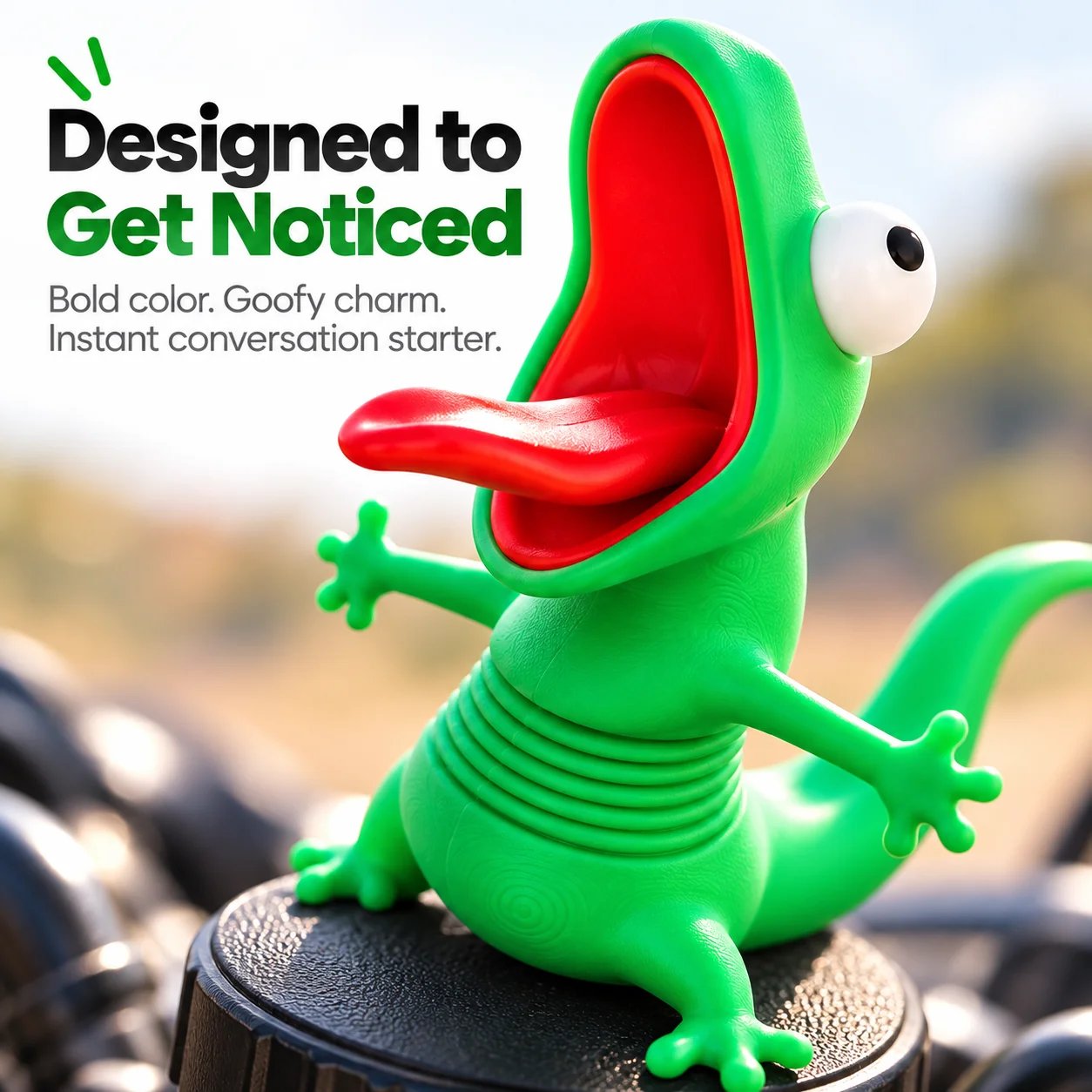 Close up of playful green lizard motorcycle decoration