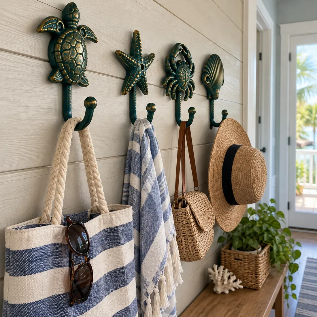 Coastal hooks displaying daily accessories