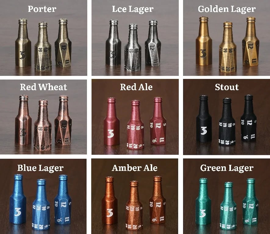 Unique Electroplated Metal Beer Bottle D&D Polyhedral Dice Set (Available in 4 Classic Finishes) | Bear Dice
