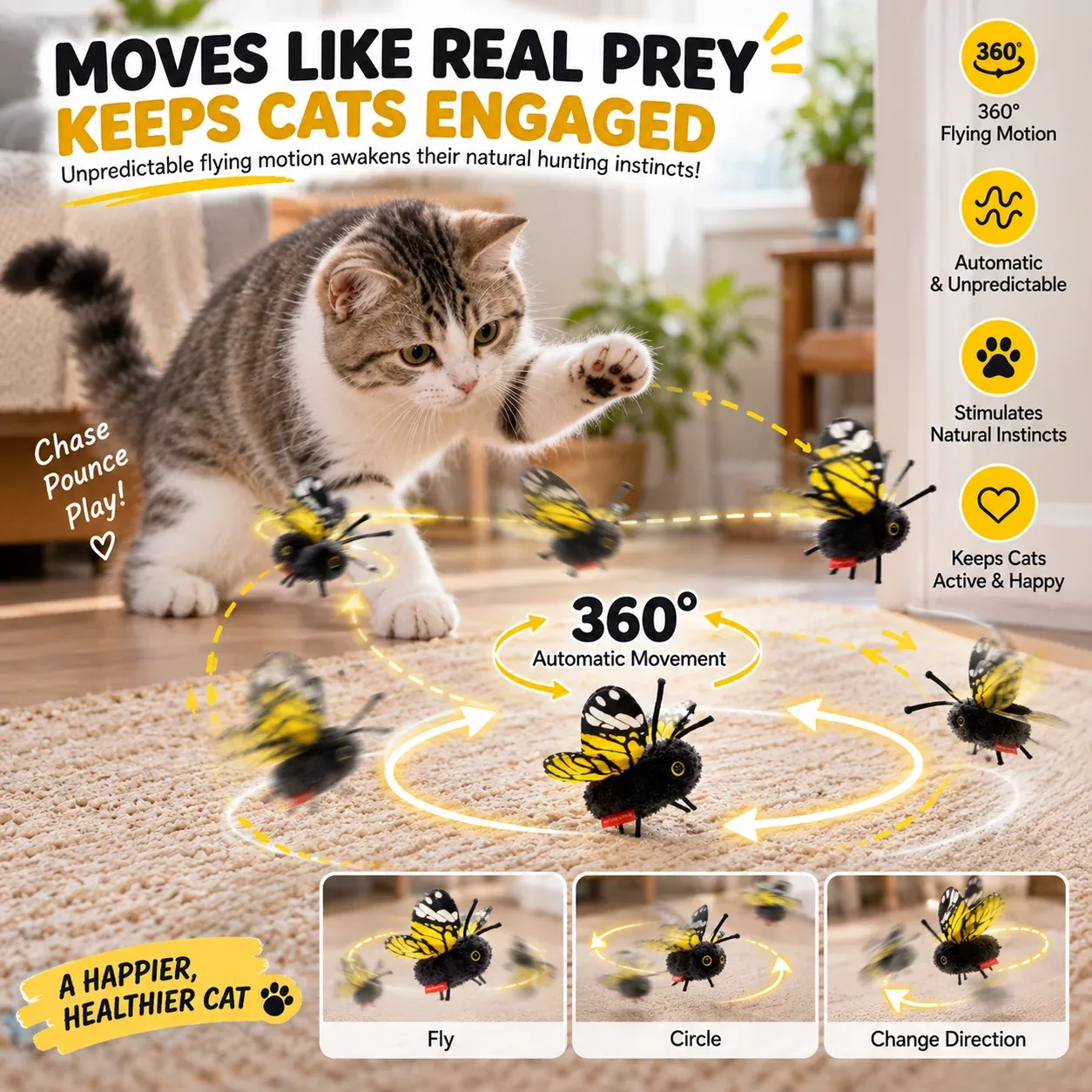 Interactive butterfly cat toy showing 360 degree movement