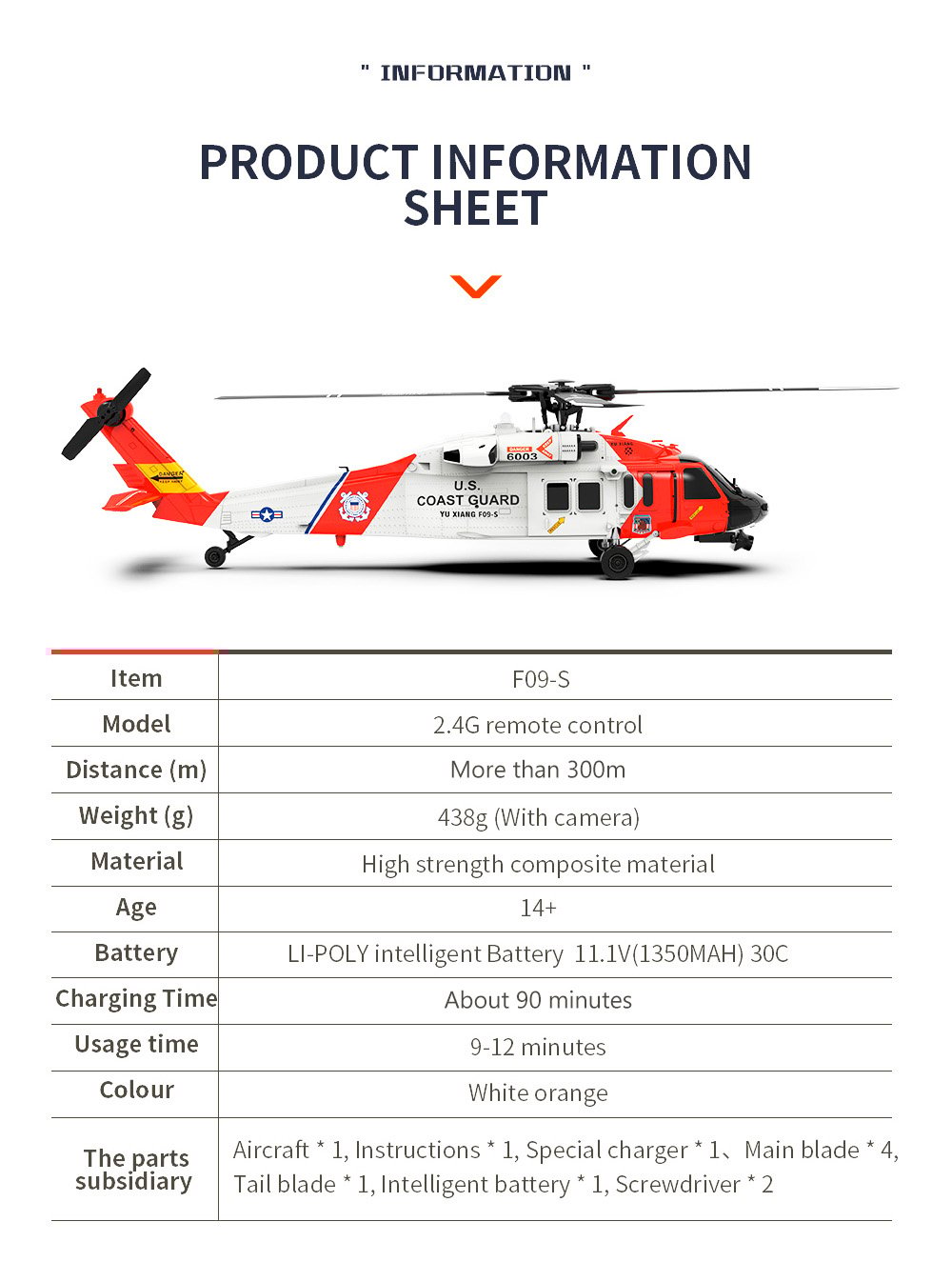 ⚡FLASH DEAL - CLEARANCE WAREHOUSE🚁Coast Guard RC F09-S Helicopter, 1/47 Scale 2.4G 6CH Gyro RC Helicopter w/ GPS Intelligent Control System