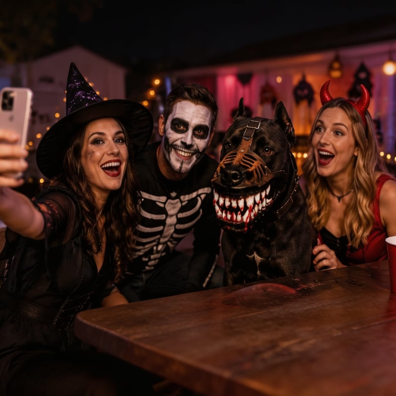 Dog joining a Halloween celebration
