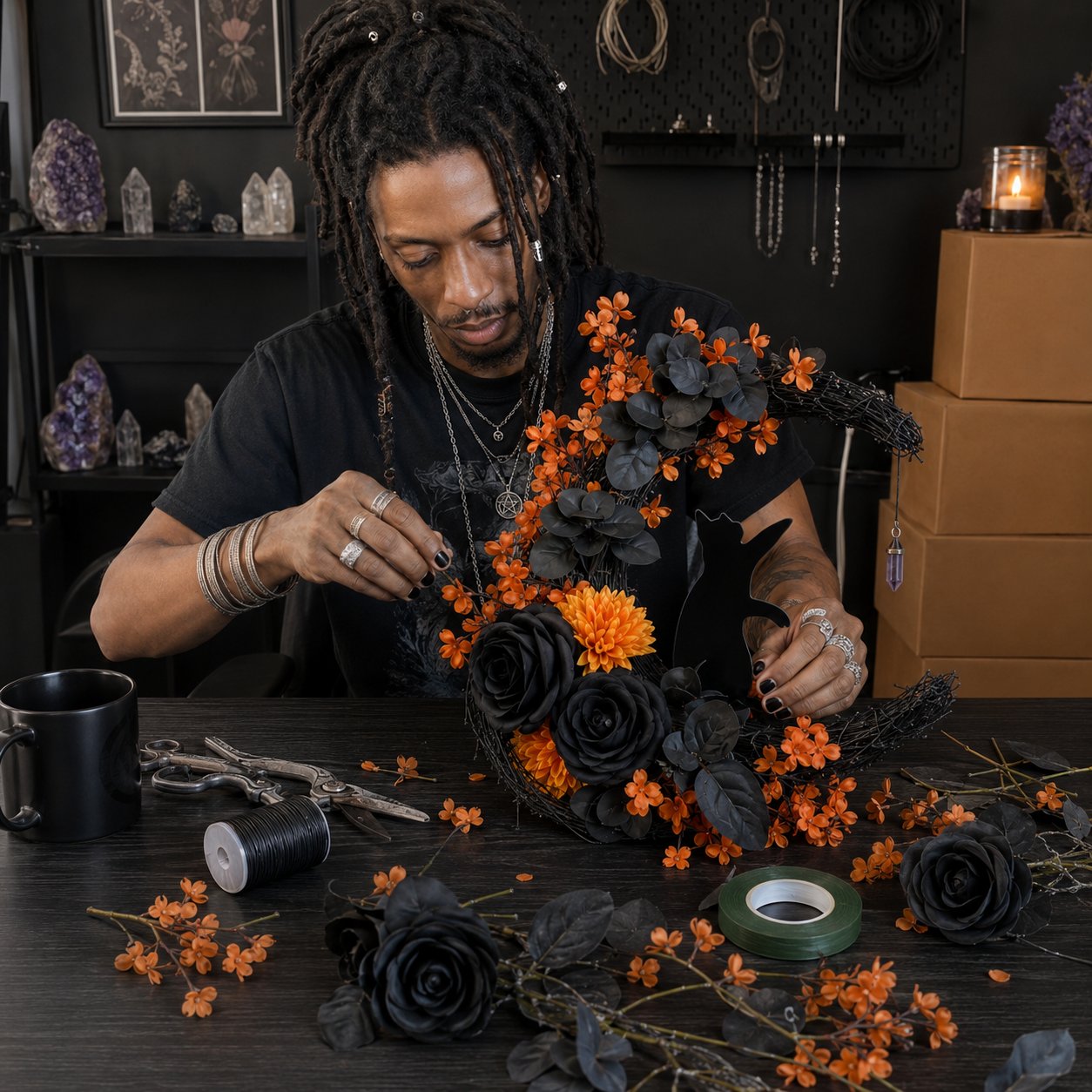 Handmade Halloween wreath details
