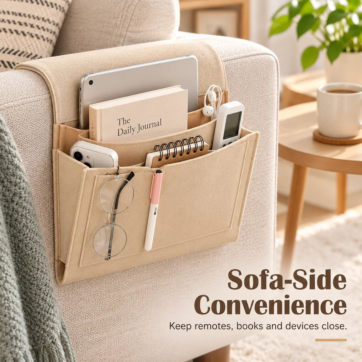Organized compartments showing books, remote controls, eyeglasses and pens