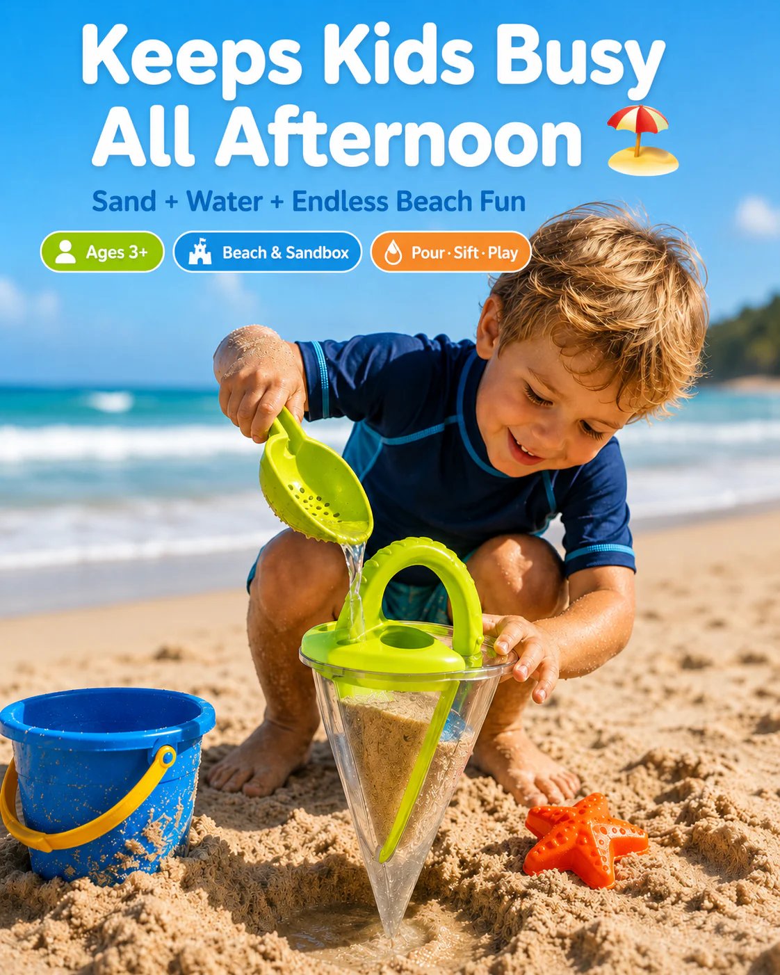 Kids sand and water funnel beach toy keeps kids busy all afternoon