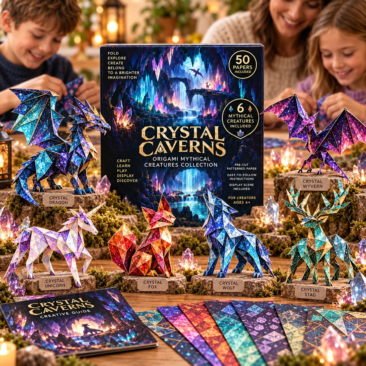 Fantasy origami kit contents with patterned papers, fold-along guide and finished example