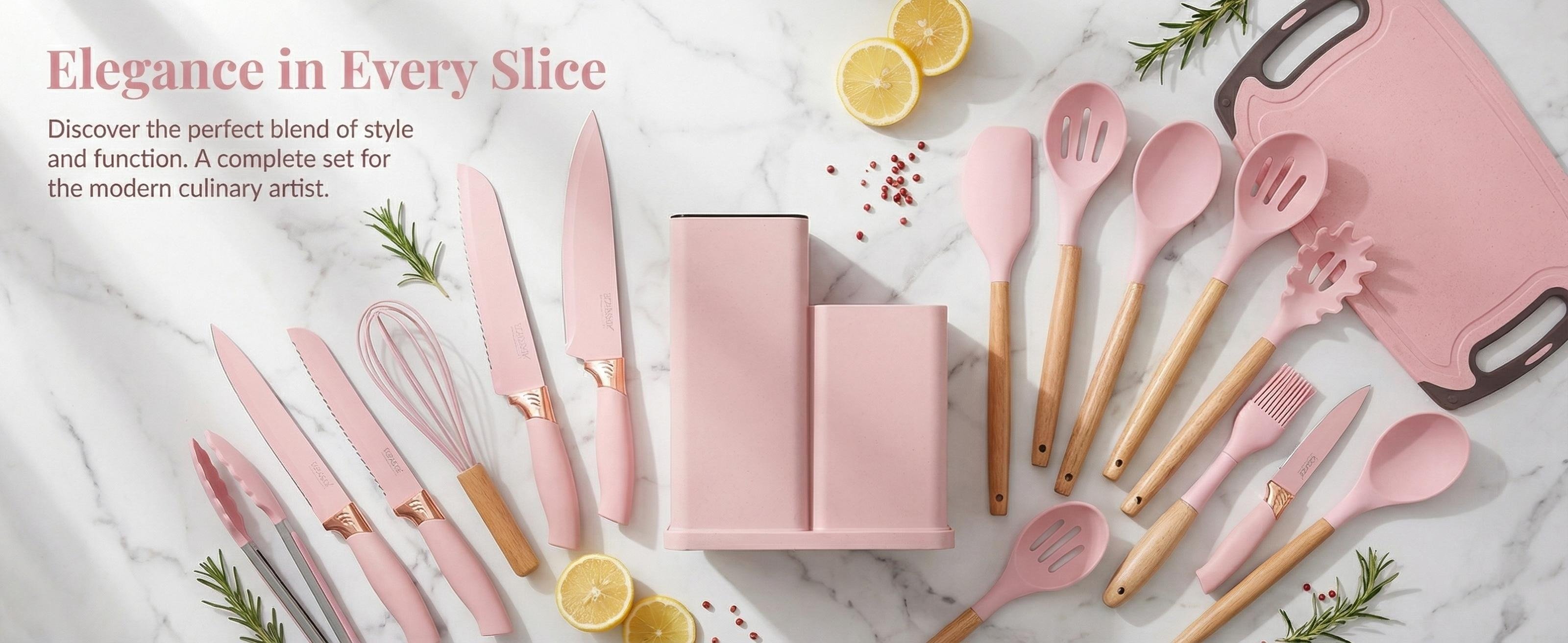 Complete modern pink kitchen utensil and knife set