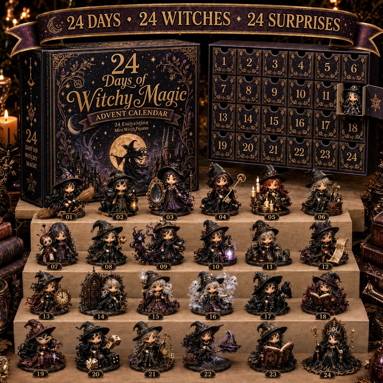 Complete collection of 24 unique miniature witches