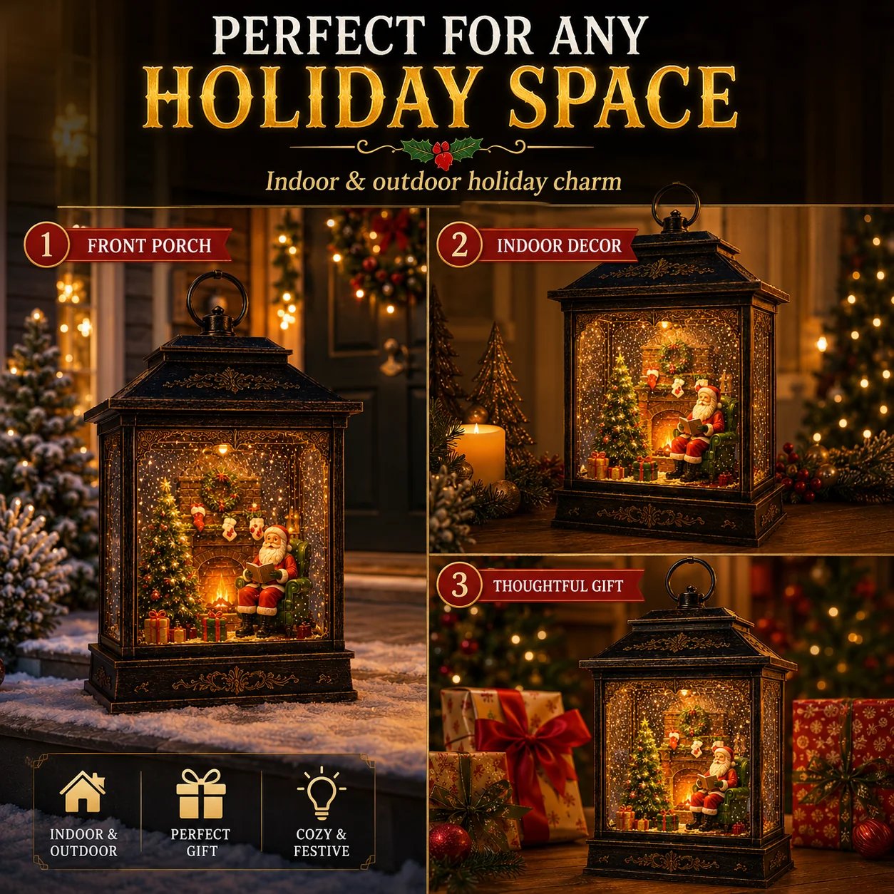 Christmas lantern displayed in warm holiday home