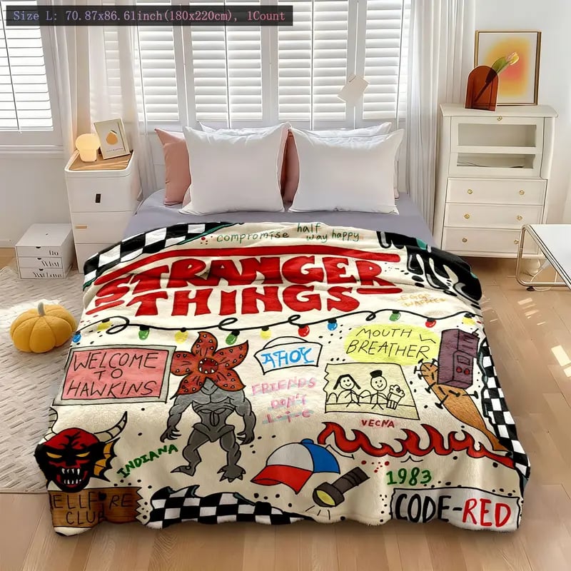 Stranger Things Season 5 and Collage Flannel Blanket, Soft Warm Cozy, Iconic Characters and Demogorgon Art, Ideal Gift for Netflix Fans