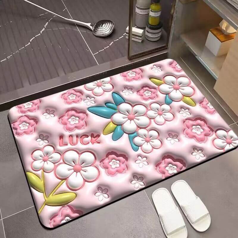 3D Floral Bathroom Mat Absorbent Quick Dry Nonslip Cute Pink Mat