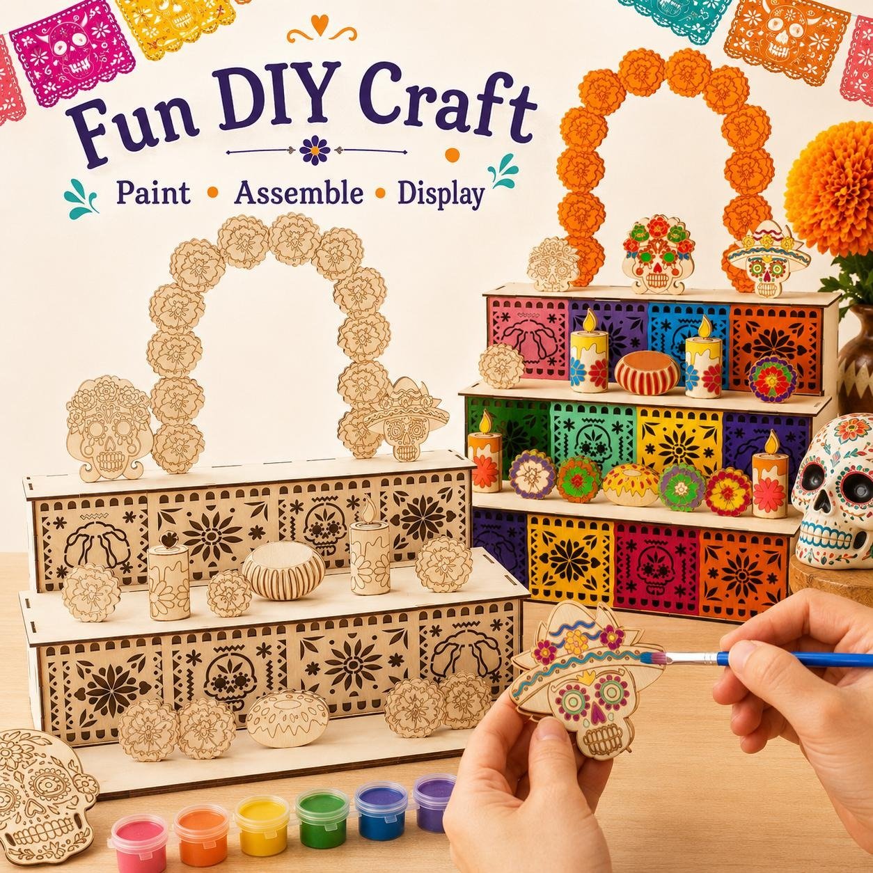 Laser cut Day of the Dead wooden decorations