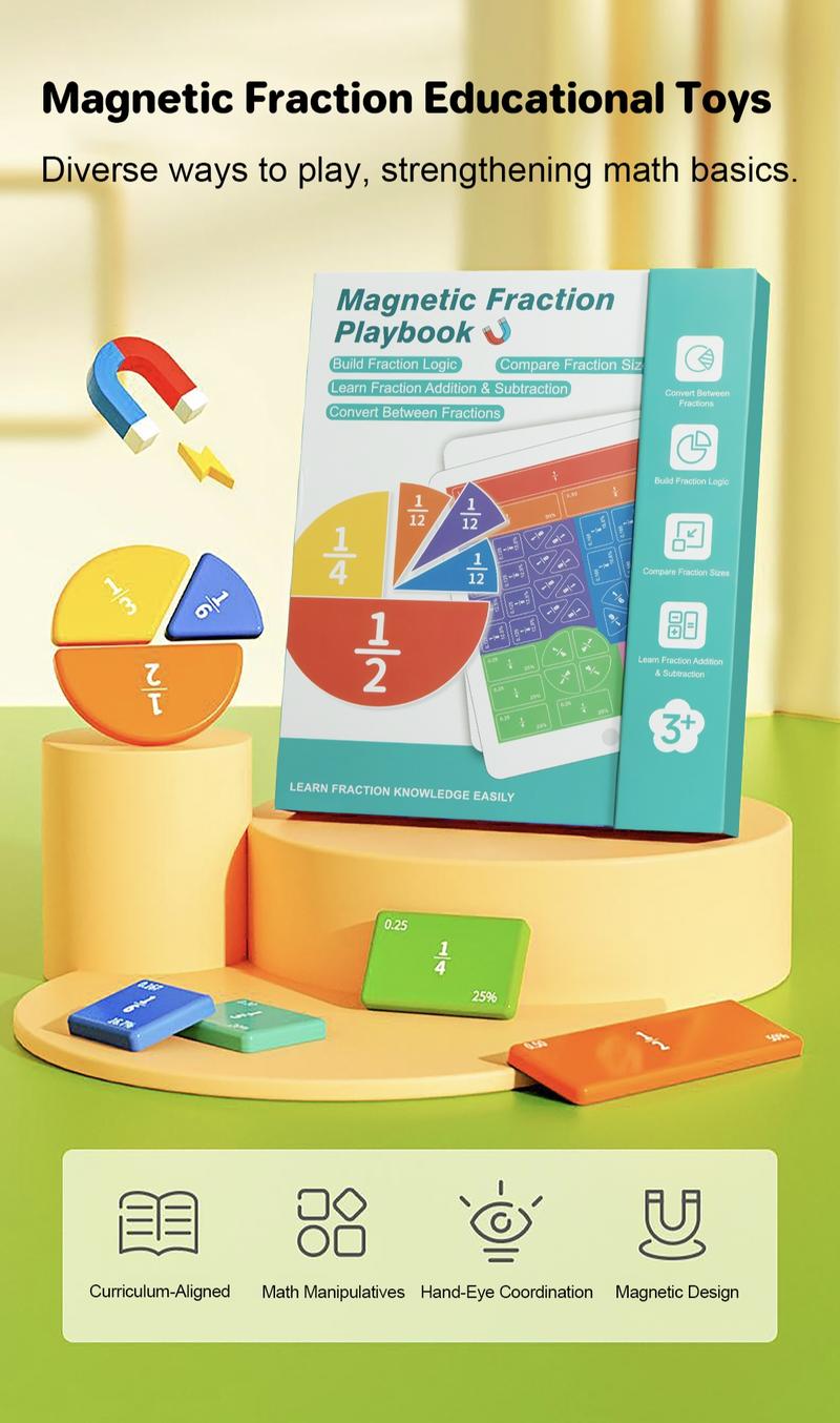 Magnetic Fraction Demonstration Book – Visual Math Manipulatives with Tiles & Circles, Educational Toy for Kids, Montessori Homeschool Supplies and Interactive Math Teaching Aid for Preschool Learning