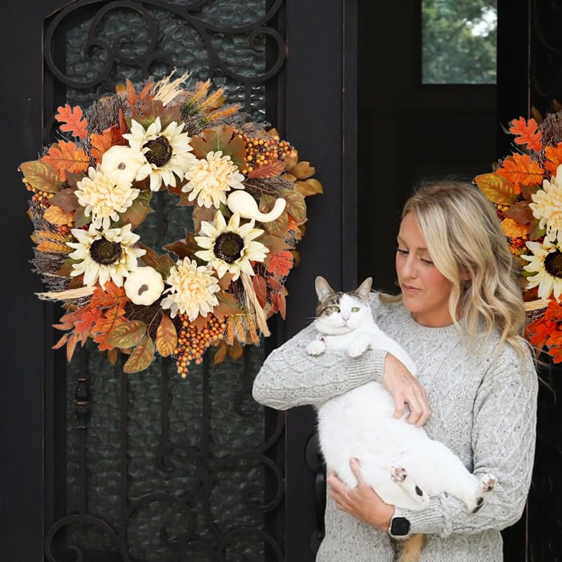 White pumpkin and sunflower fall wreath
