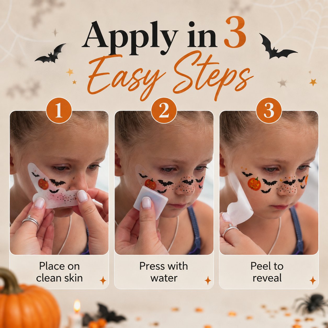 Three-step instructions for applying Halloween temporary face tattoos