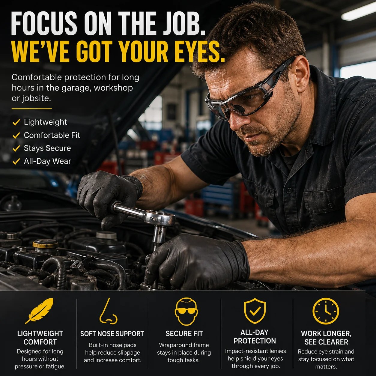 Comfortable lightweight protective glasses for mechanics and workers Comfortable lightweight protective glasses for mechanics and workers