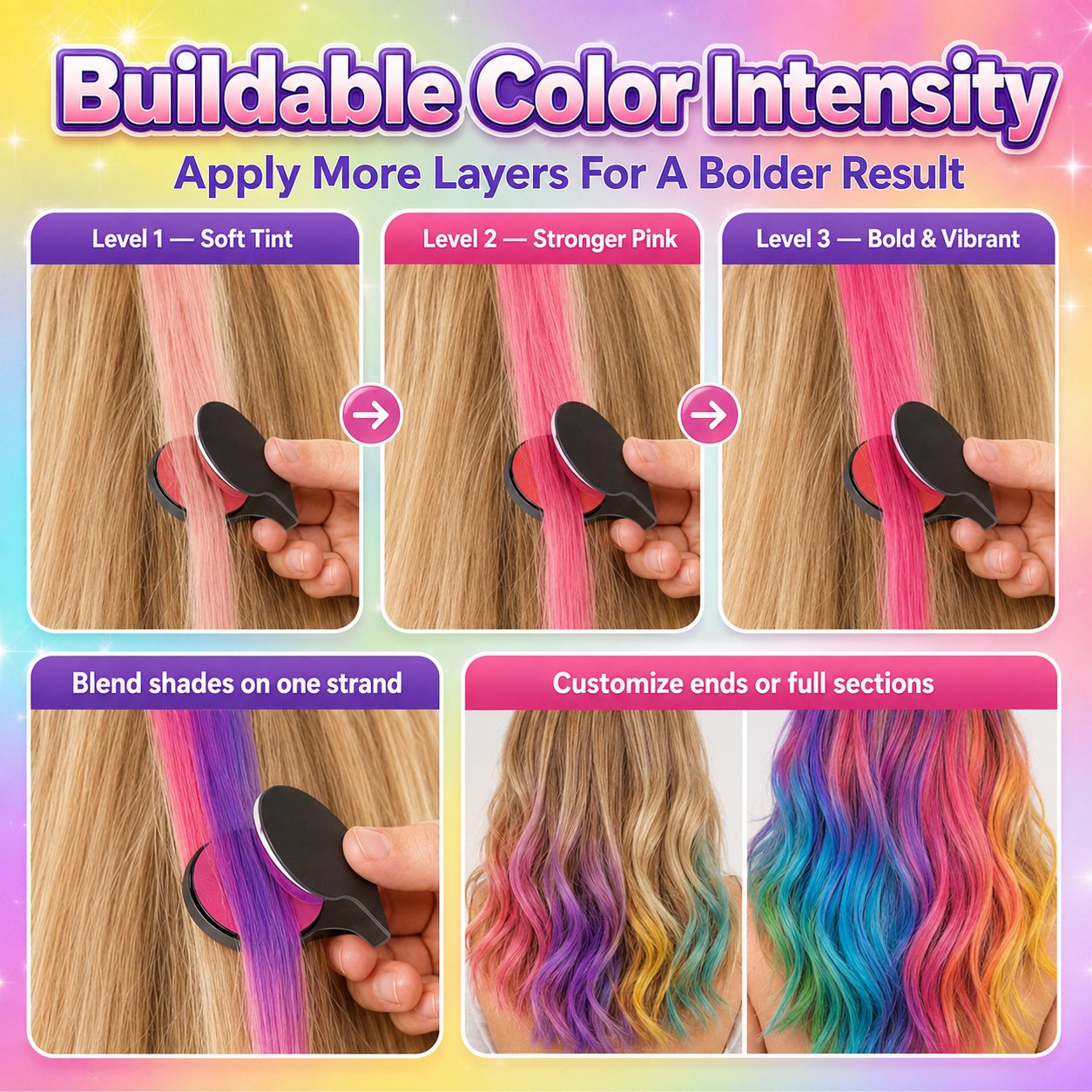 Buildable temporary hair chalk color intensity Buildable temporary hair chalk color intensity