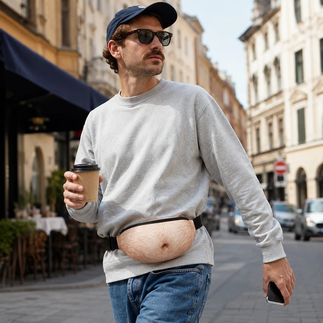 Funny beer belly waist bag in a relaxed real-world wear scene