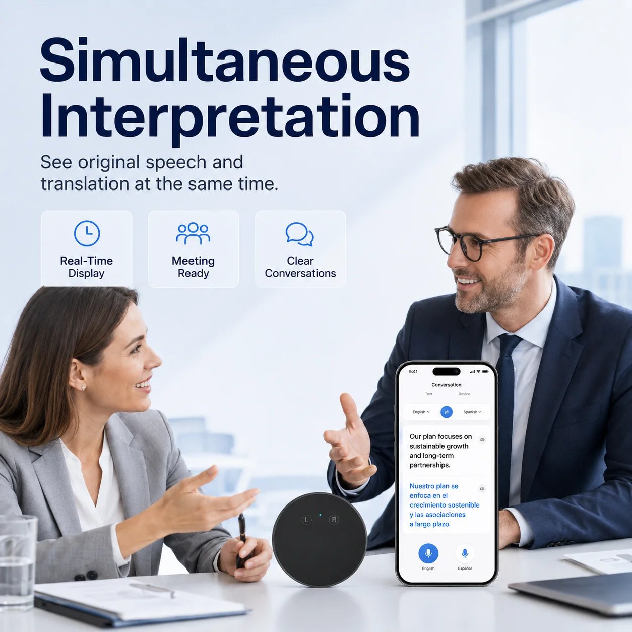 Business professional using translator